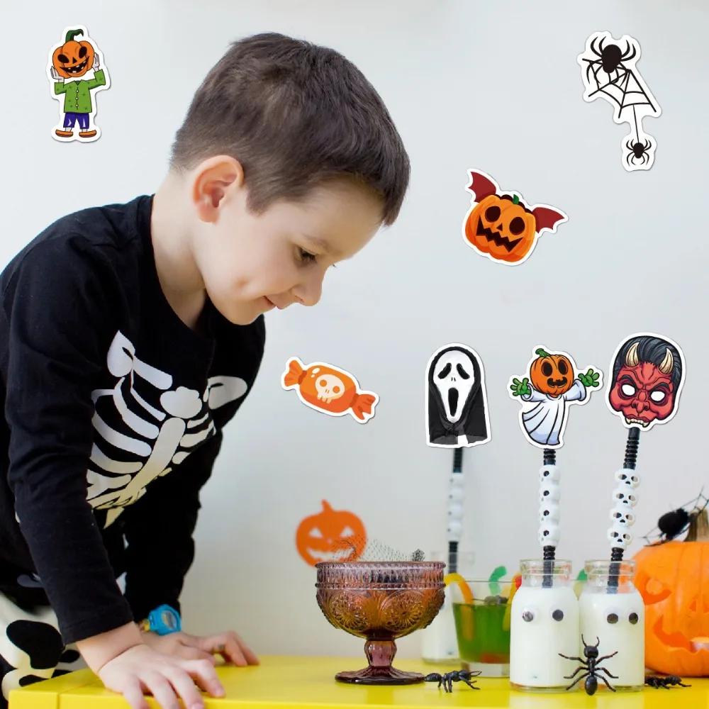 2026 50pcs Laser Flash Halloween Stickers Holographic Vinyl Trunk Mug Cup Sticker Waterproof Removable Sticker Halloween Decor
