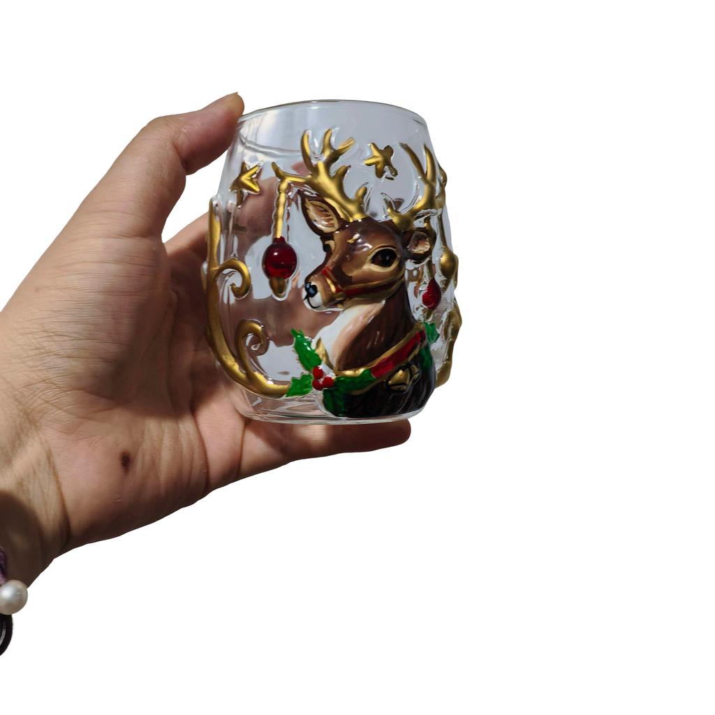 Christmas Reindeer 3D Red Wine Glass Set 3D Holiday Art Water Cup Handless Juice Milk Coffee Mug - Reindeer 3D