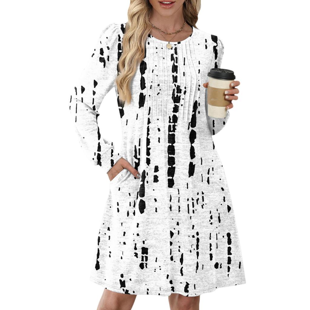 Женское повседневное платье с длинным рукавом, плиссировкой, круглым вырезом, винтажным цветочным принтом и карманами