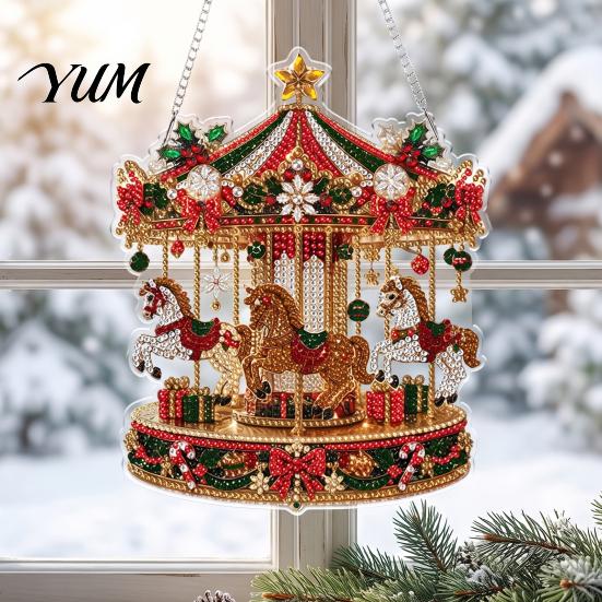 Adults Crafting Supplies Christmas Rhinestone Painting Suncatcher Kit, DIY Faux Pearl Art Xmas Ornament Crafts for Beginner, Acrylic Hanging