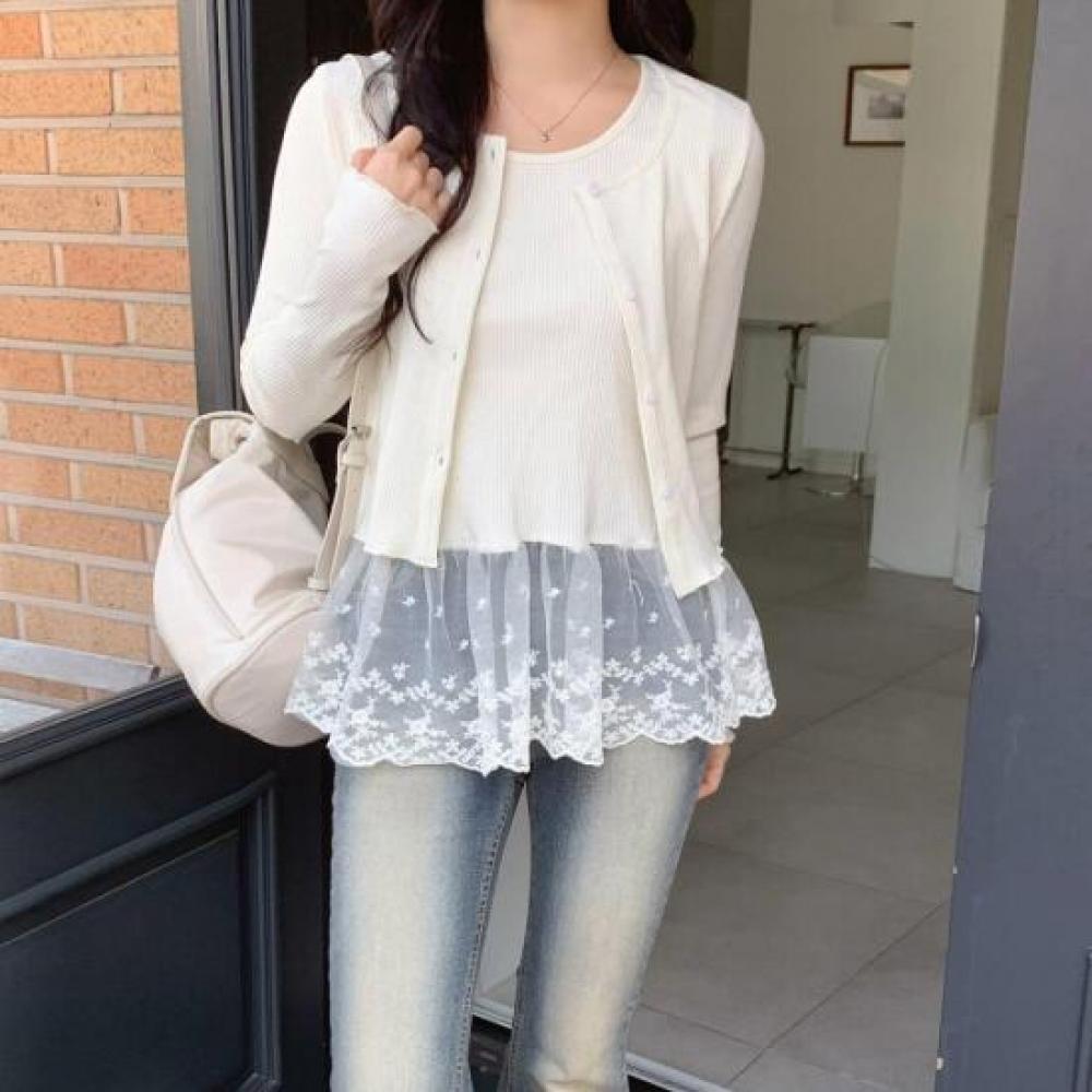 New Arrivals Open Run Lace Frill Bustier Ballet Core Two Piece Ribbed Cardigan