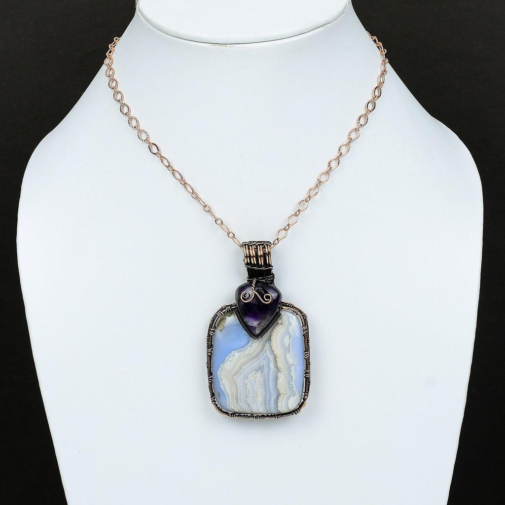 Подвеска из голубого кружевного агата, подвеска из медной проволоки, подвеска с шевронным аметистом, подарок для женщин и ее драгоценных камней, ювелирные изделия из меди ручной работы