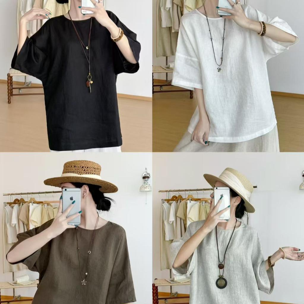 1116 Summer New Women's Crew Neck Japanese Linen T-Shirt Loose Top Pullover Bottom Shirt Short Sleeve Literature