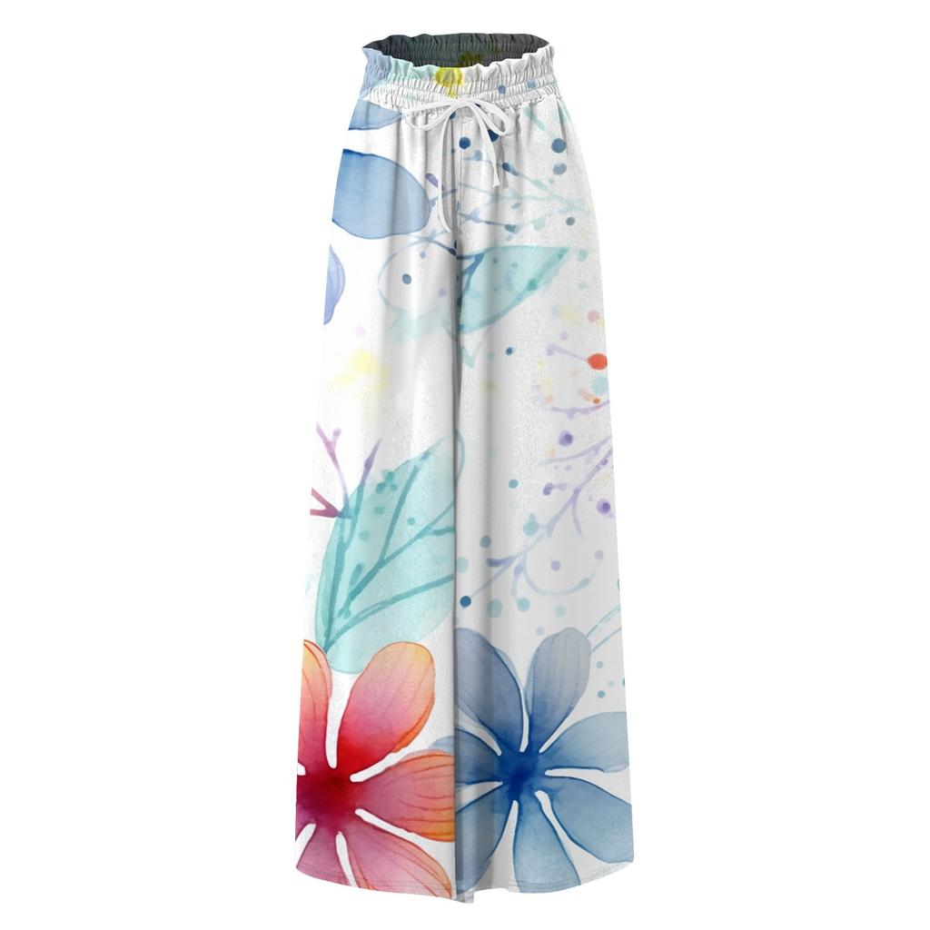 Женские широкие брюки с высокой талией, летние повседневные струящиеся брюки-палаццо, пляжные брюки с цветочным принтом и карманом