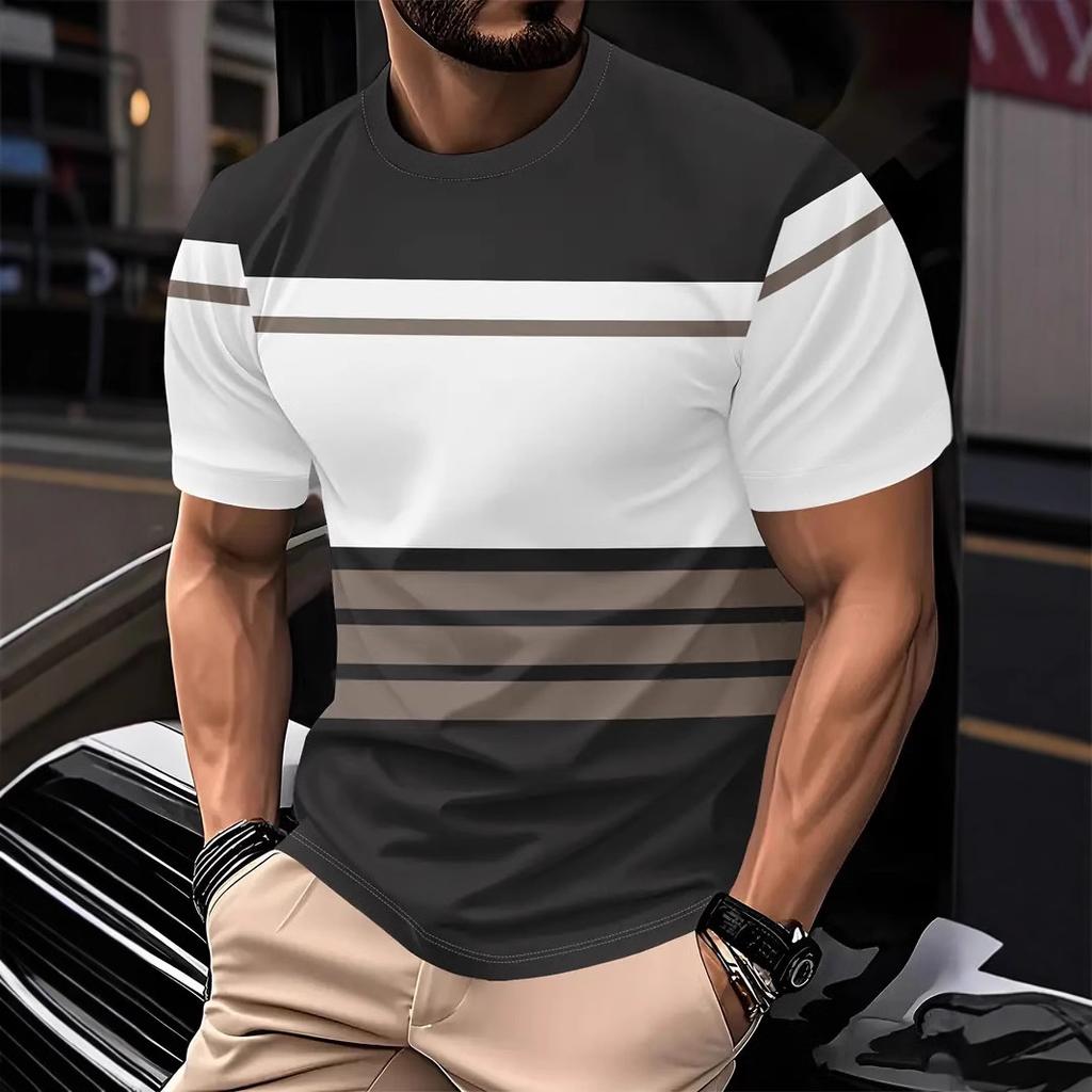 Летняя футболка с круглым вырезом, цветными блоками и полосатым 3D-принтом, модная, повседневная, с короткими рукавами, мужская