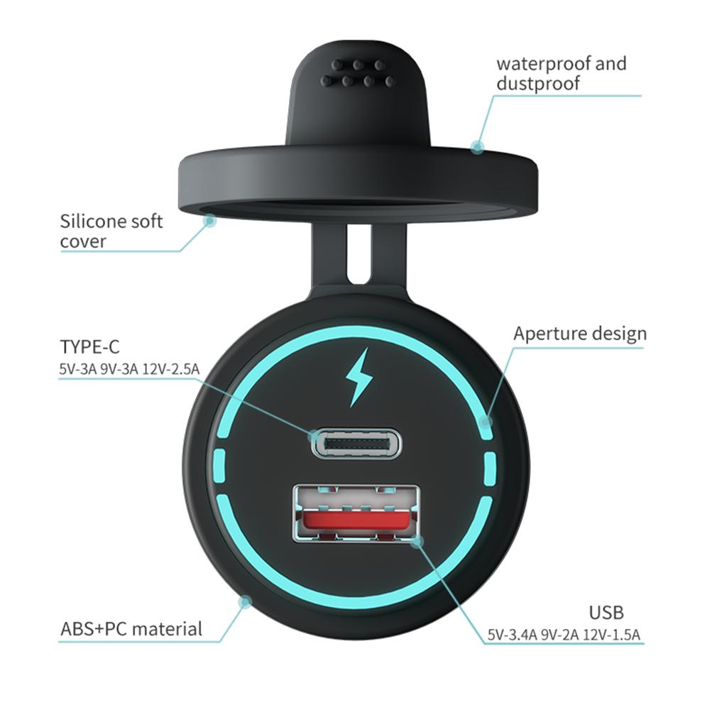 12V-24V Car   QC3.0 Fast Charging USB and PD Dual Port   for Car Motorcycles,  h Bikes, SUVs, Boats IP66 Waterproof Multiple   A
