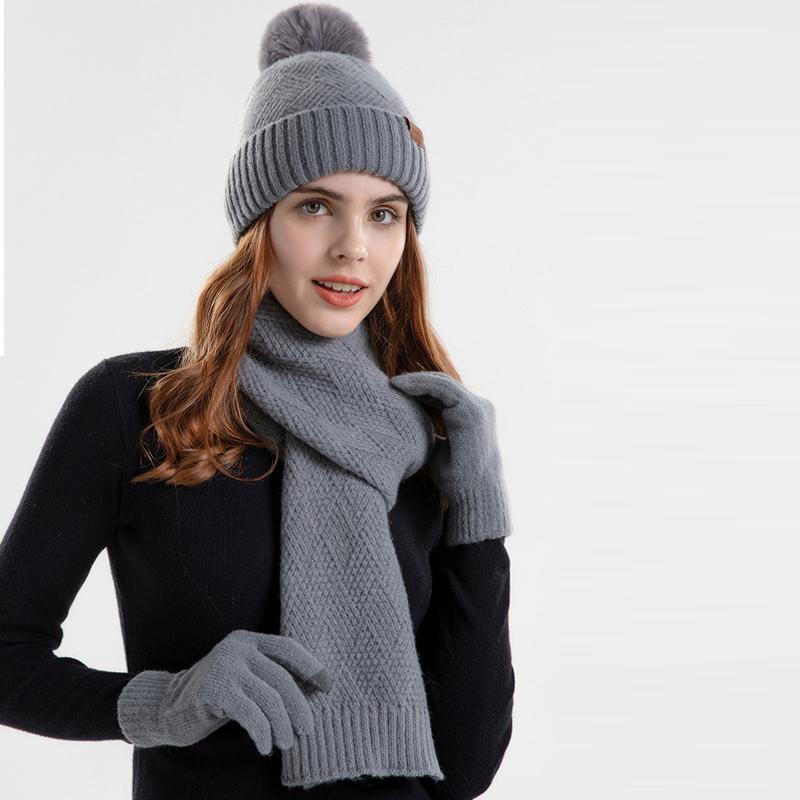 Зимняя вязаная шерстяная шапка, женская теплая шапка, шарф, перчатки, трехсекционная защитная шапка для ушей, шапка с рукавами, шапочки Skullies