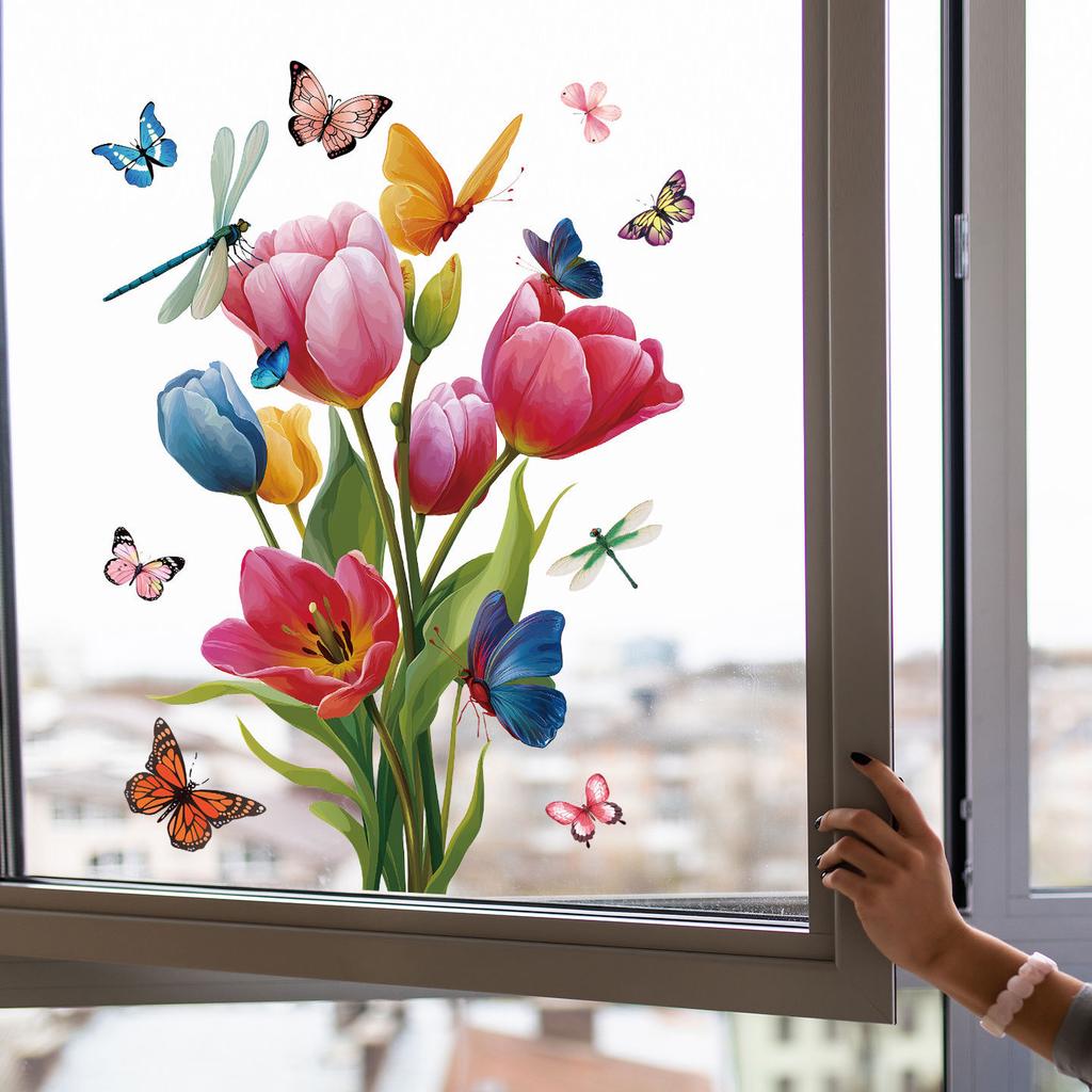 Simple Atmosphere Multi-color Tulip Glass Stickers On Balcony Window Decoration Glue-free Electrostatic Stickers
