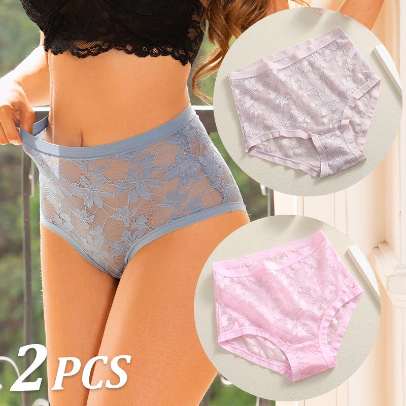 FINETOO 2Pcs Sexy Floral Lace Panties High Waist Lace Briefs Hollow Out See-Through Romantic Lingerie Fashionable Underpants Underwear