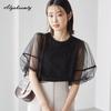 Korean Fashion Summer Women Streetwear Top Brief O Neck Black White T-Shirt Lantern Sleeve Mesh Patchwork Ladies' Tee Shirt