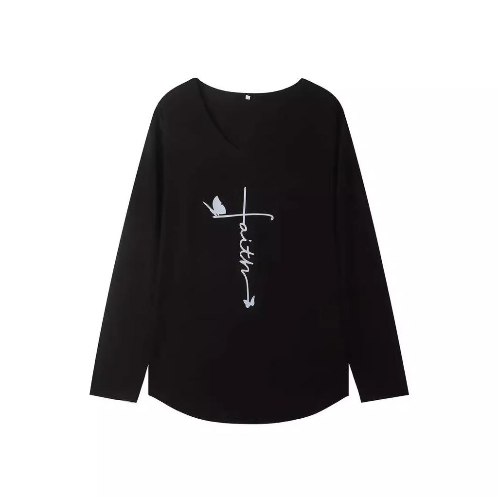 Animal Letters Feather Moon Printed 3D T Shirts Plus Size Black Tees Women Fashion V Neck Long Sleeve T Shirt