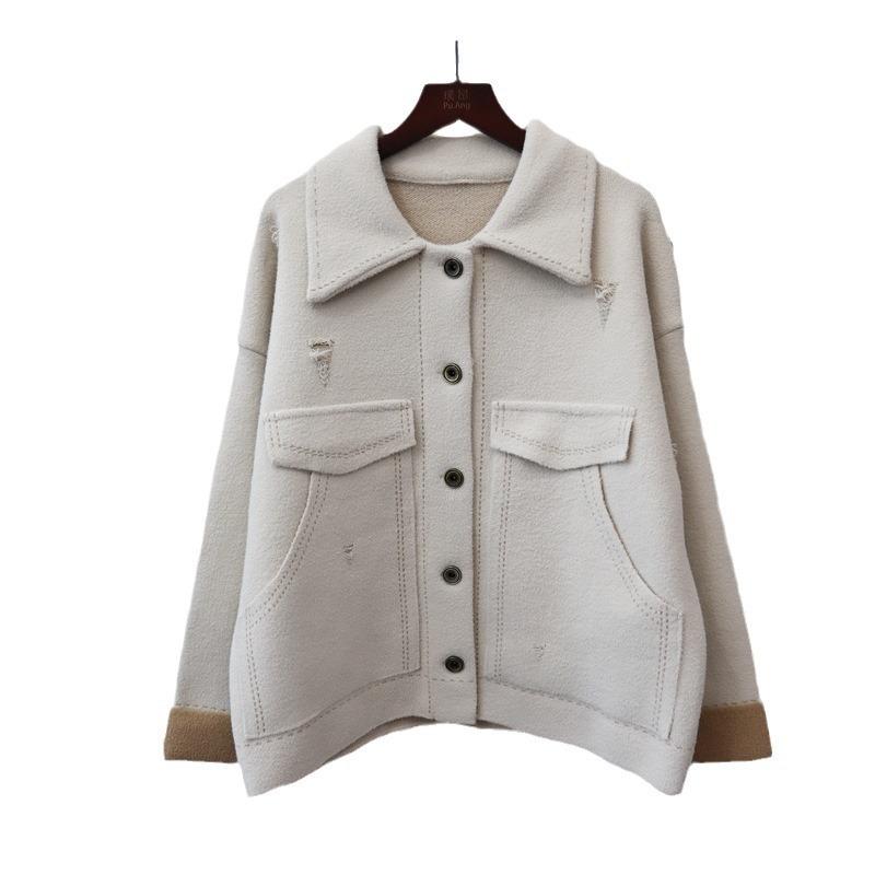 Осень и зима новый лацканный дизайн чувство ниши вязаный двусторонний шерстяной кардиган темперамент свитер куртка женская