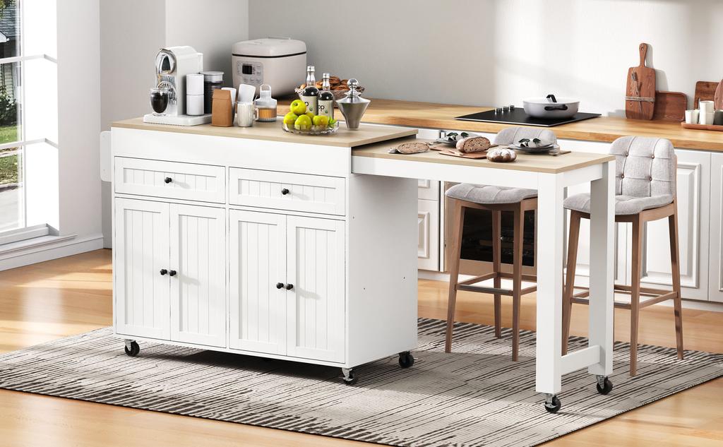 Kitchen Island on Wheels, Extendable Dining Area with Worktop and Drawers, Mobile Freestanding, Ideal for Kitchen and Dining Room (White+Natural)