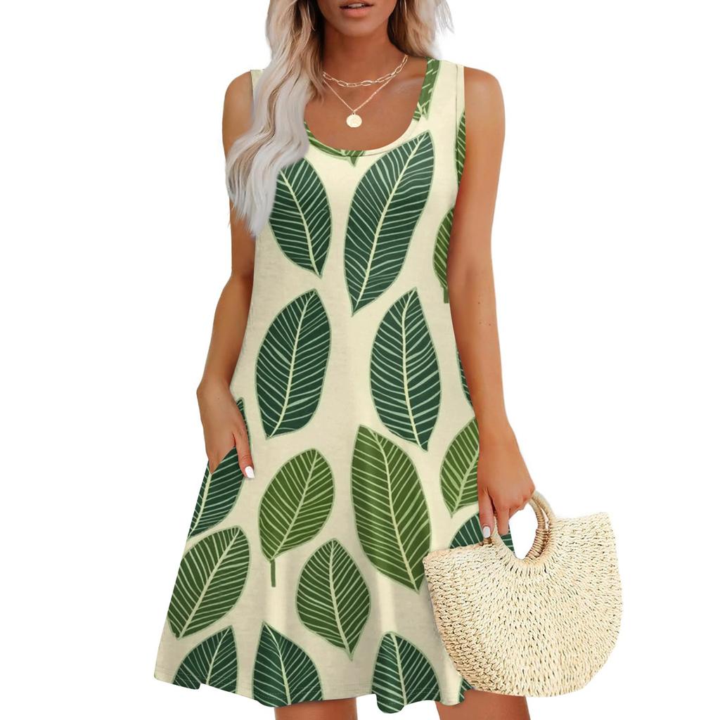 Женское повседневное модное платье с принтом и U-образным вырезом без рукавов