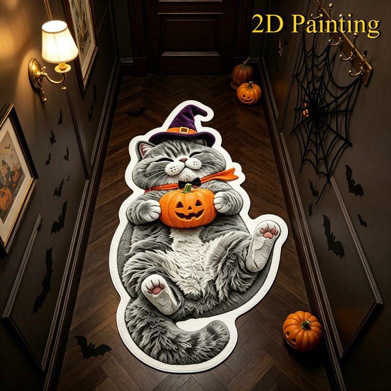 Cute Cartoon Halloween Cat Shaped Rug, Witch Hat Pumpkin Non Slip Floor Mat for Bedroom Entryway Fall Home Decor