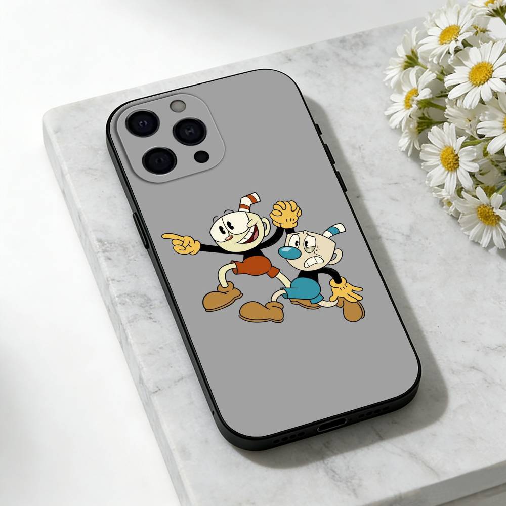 Cute CupHead And MugMan Phone Case For iPhone 17,16,15,14,13,12,11 Plus,Pro Max,SE4Soft Silicone Black Cover