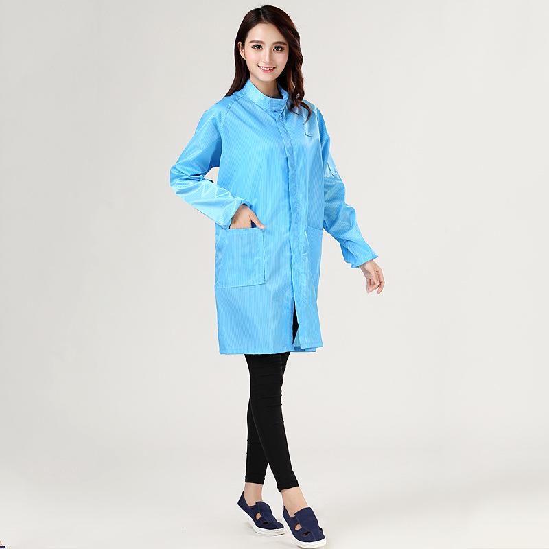 Anti-static Stand-up Collar Gown with Blue & White Stripes, Velcro & Zipper for Food/Pharmaceutical Cleanroom Use