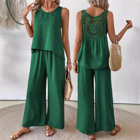 Женский комплект из двух предметов для отдыха, летний топ без рукавов с вырезом сзади и широкие брюки, повседневная одежда для отпуска и путешествий