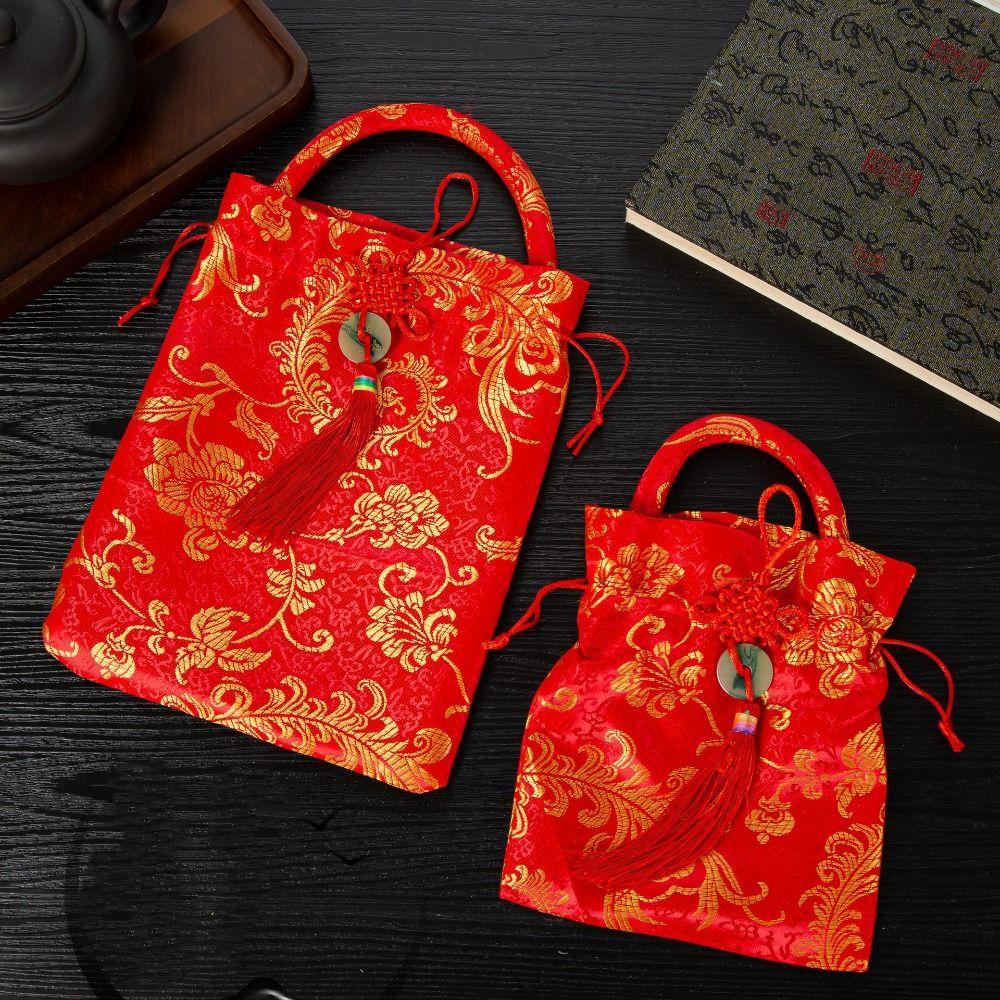 Chinese Style Canvas Flower Drawstring Bag Large Capacity Festive Sugar Bag Festival