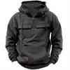 New Men's Solid-Colour Hooded Sweatshirt with Multiple Pockets Leather-Patch Detail Zip-Up Jacket