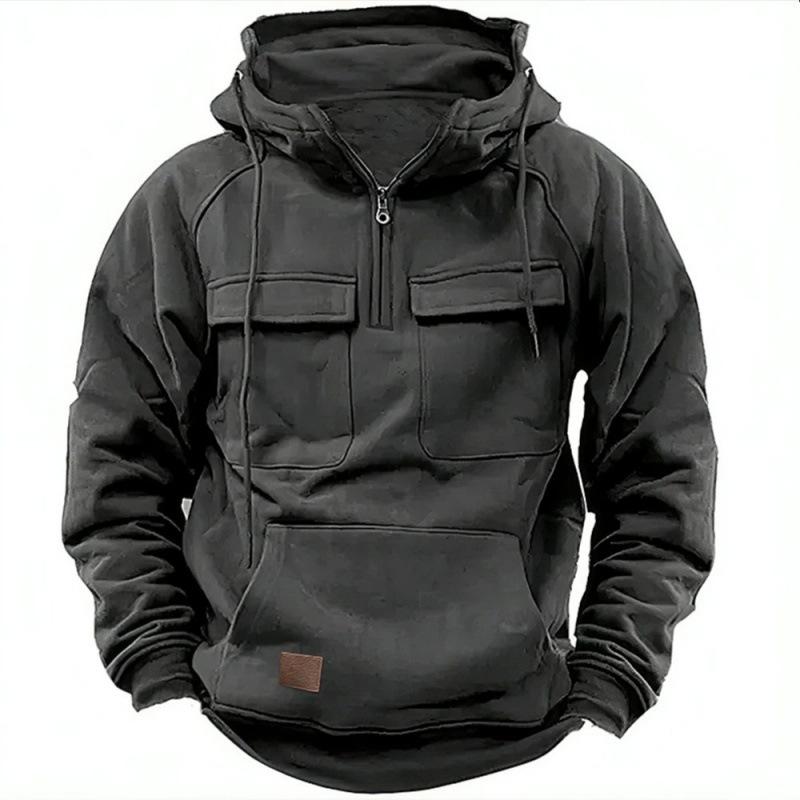 New Men's Solid-Colour Hooded Sweatshirt with Multiple Pockets Leather-Patch Detail Zip-Up Jacket