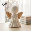 Minimalist Home Accessories Angel Figurine with Wood Texture Wings, Compact Statue, Small Figurines for Shelf Display Decorative White Sculpture