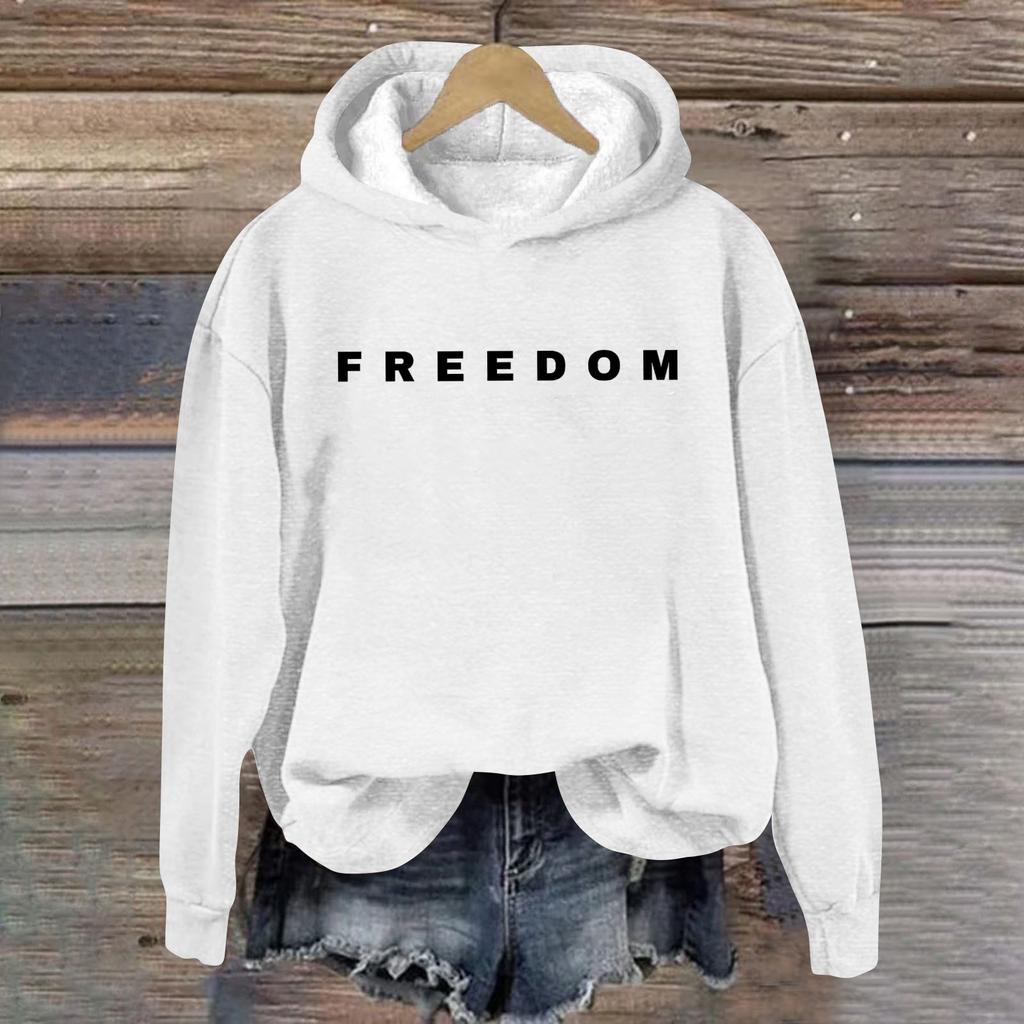 Women's Loose And Comfortable Round Neck Long Sleeved Hooded Sweatshirt With Printed Text