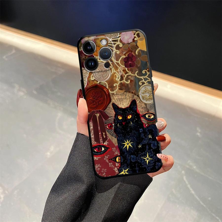 Черный Мягкий Чехол для Телефона для iPhone 17Air XS Max XR 7 8 15 16 14 Plus 13 12 11 17 Pro Max Мультяшный Кот