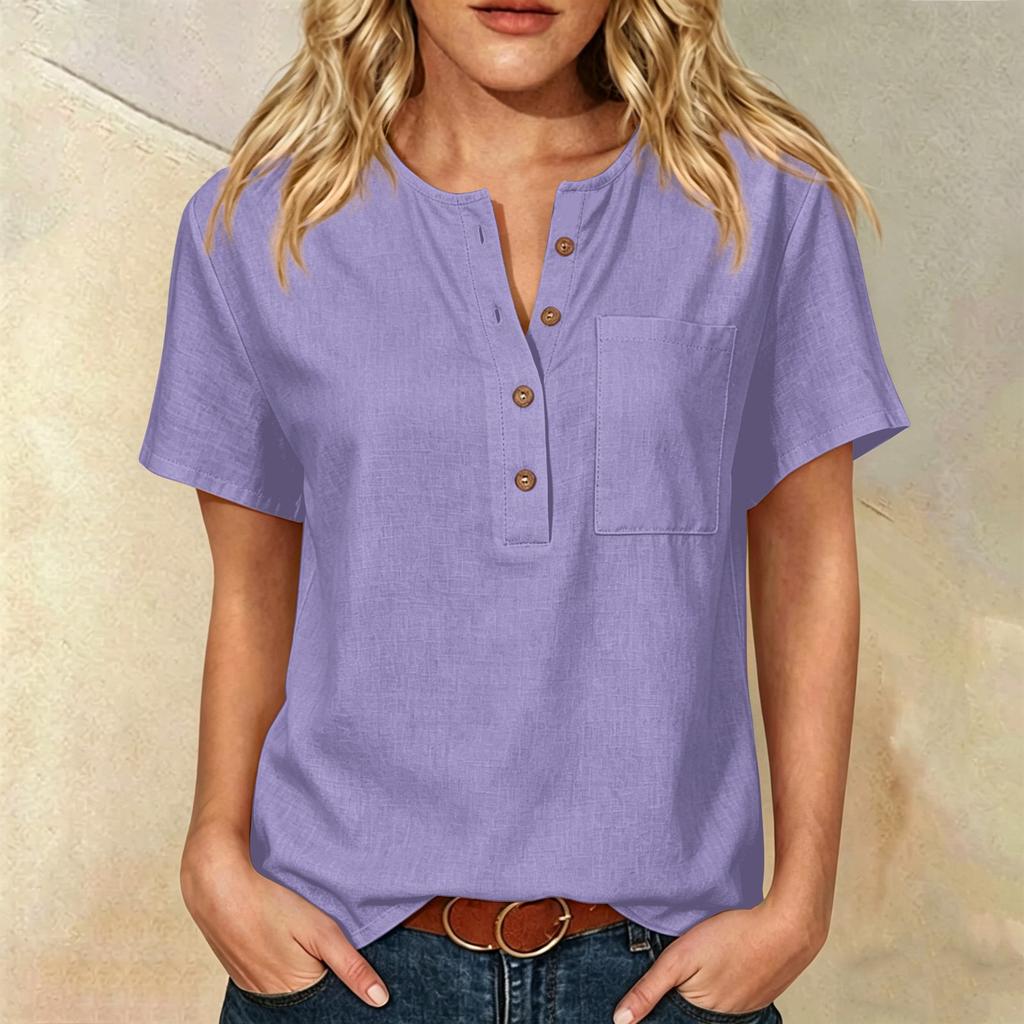 Женская рубашка-henley с пуговицами, коротким рукавом, из хлопка и льна, с нагрудным карманом, свободного кроя, повседневная блузка-топ для ежедневной носки