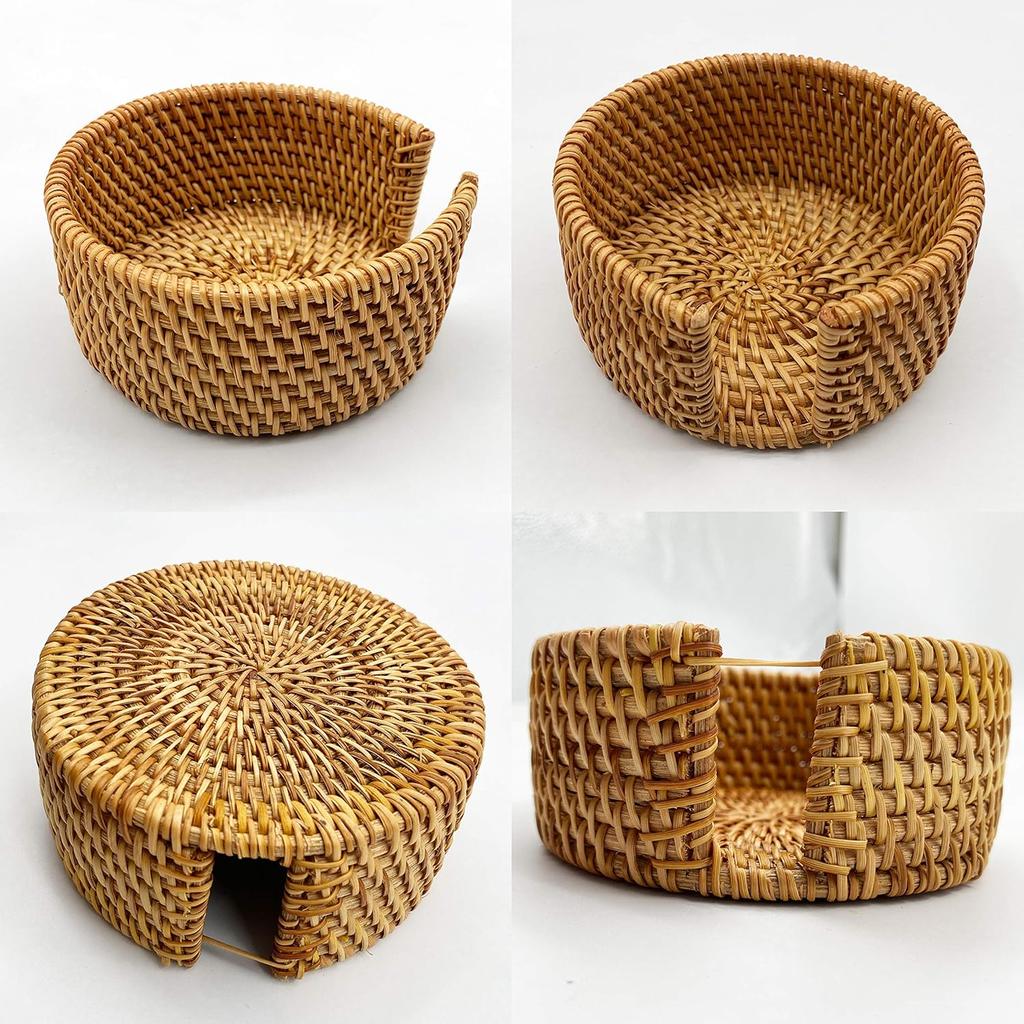 Rattan Coasters Set of 6 - Handwoven Wicker Coasters for Wooden Table, Brown with Holder (3.9 Inch)