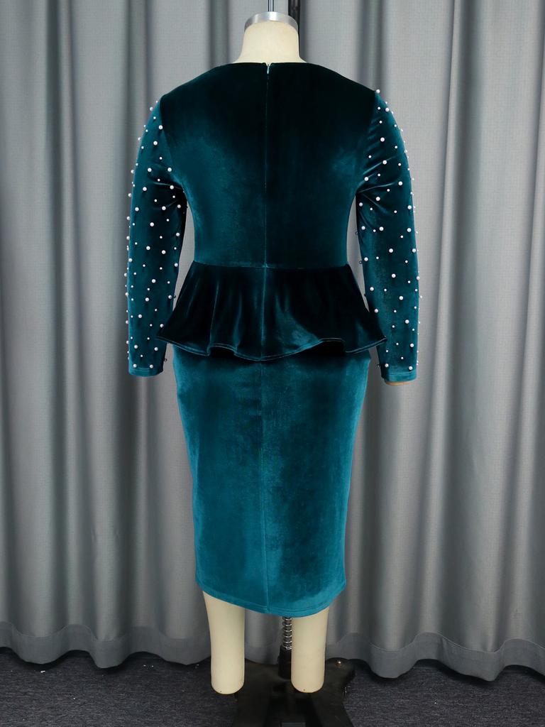 AOMEI Синие бархатные платья миди Sweetheart Ncek с длинными рукавами, украшенными бисером, с высокой талией, с баской, комплект нарядов для бедер