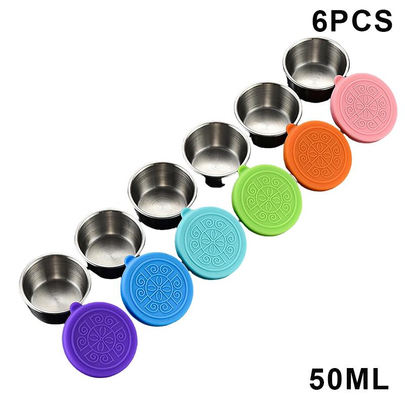 1/6 Piece Stainless Steel Sauce Cup With Lid Leak-Proof Salad Dressing Cup Reusable Salad Dressing Container Silicone Lid