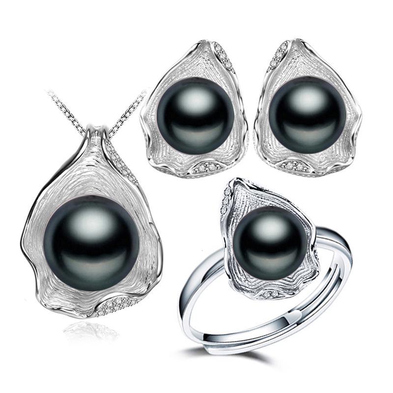 LSOOYH Shell Design Natural Freshwater Pearl Earrings Ring CZ Cubic Zirconia Necklace Jewelry Sets