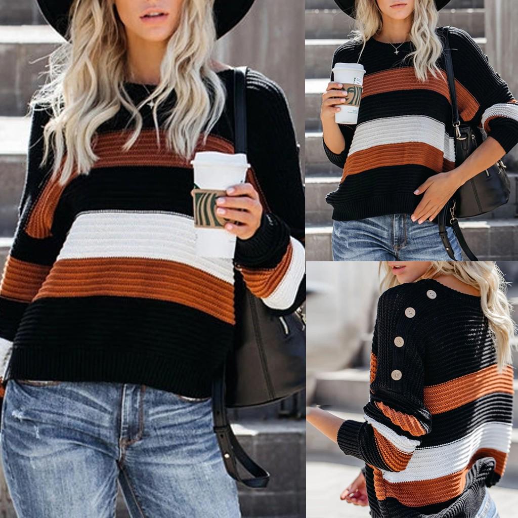 Женский повседневный свободный вязаный пуловер в полоску с длинными рукавами и цветными блоками