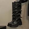 Fashion Brand New Buckle Strap Wasteland Vintage Brown Y2k Knee High Motorcycle Boots Maillard Style Black Trouser Leg Boots Women Shoes