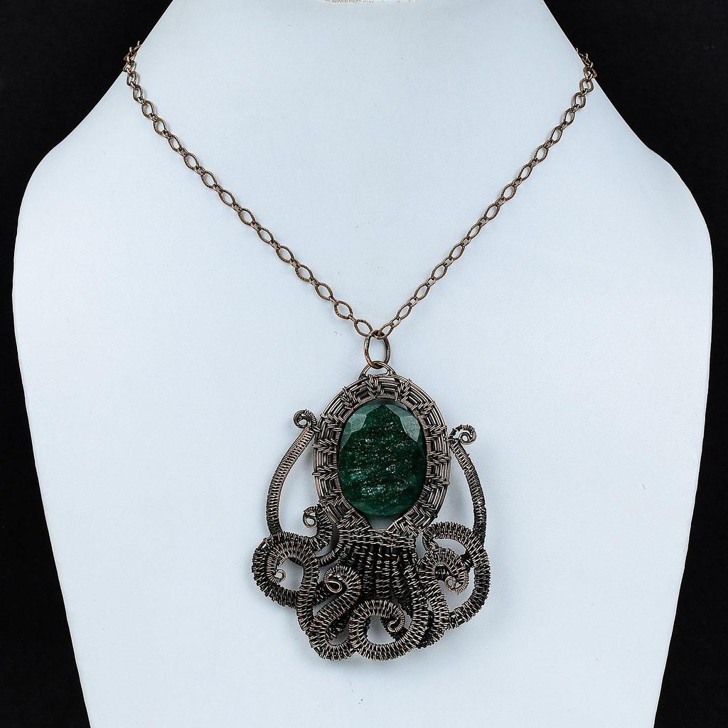 Кулон с ограненным замбийским изумрудом, обернутый медной проволокой, подвеска из медного драгоценного камня, подвеска ручной работы из проволоки, подарок для нее, ювелирные изделия в виде осьминога