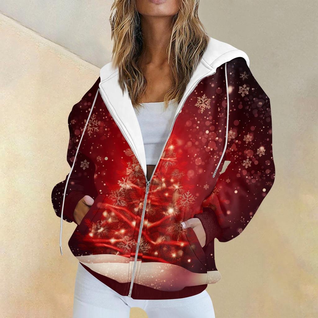 Женская модная повседневная толстовка с рождественским принтом и длинными рукавами, карманная куртка, пальто с капюшоном на молнии