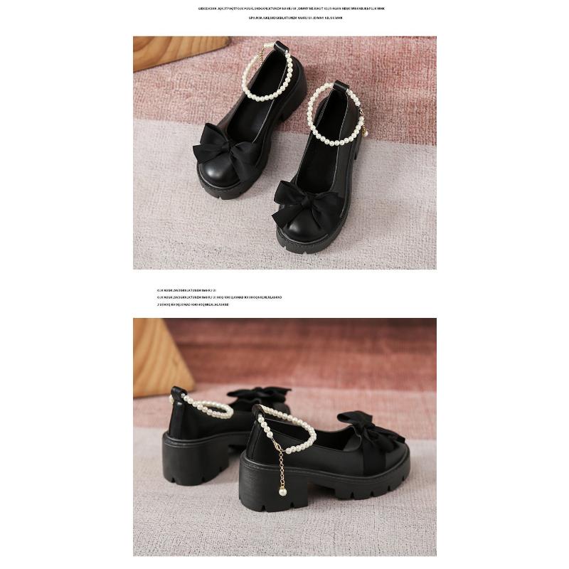 Кожаные туфли, женские туфли Мэри Джейн на толстом французском толстом каблуке с жемчужным бантом и одинарной обувью