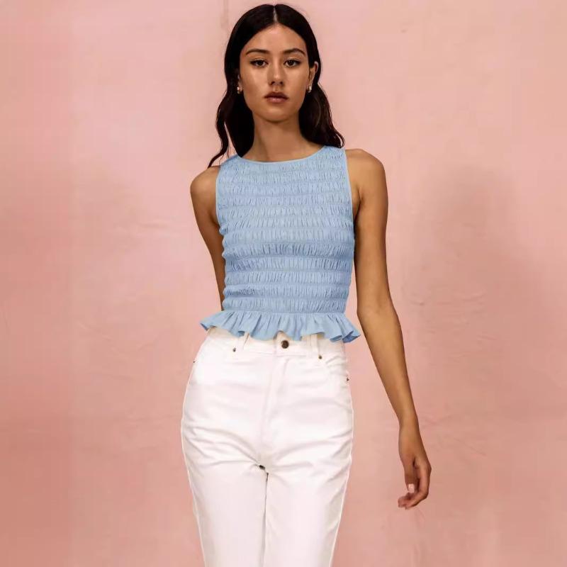 Женский весенний новый плиссированный топ с высокой эластичностью и оборкой по краю