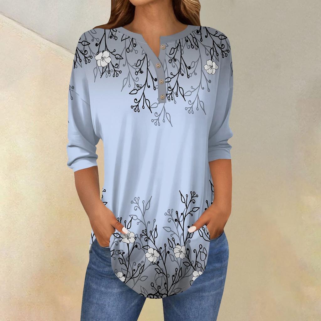 3/4 Length Sleeve Womens Tops Summer T-Shirts Floral Print V Neck Casual Basic Tee Button Shirts Tunic Tops