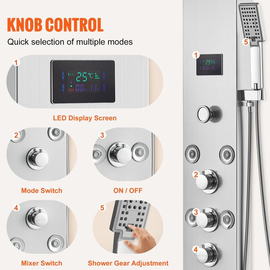 Shower Panel Tower System 6 Modes Hydroelectricity LED Stainless Steel