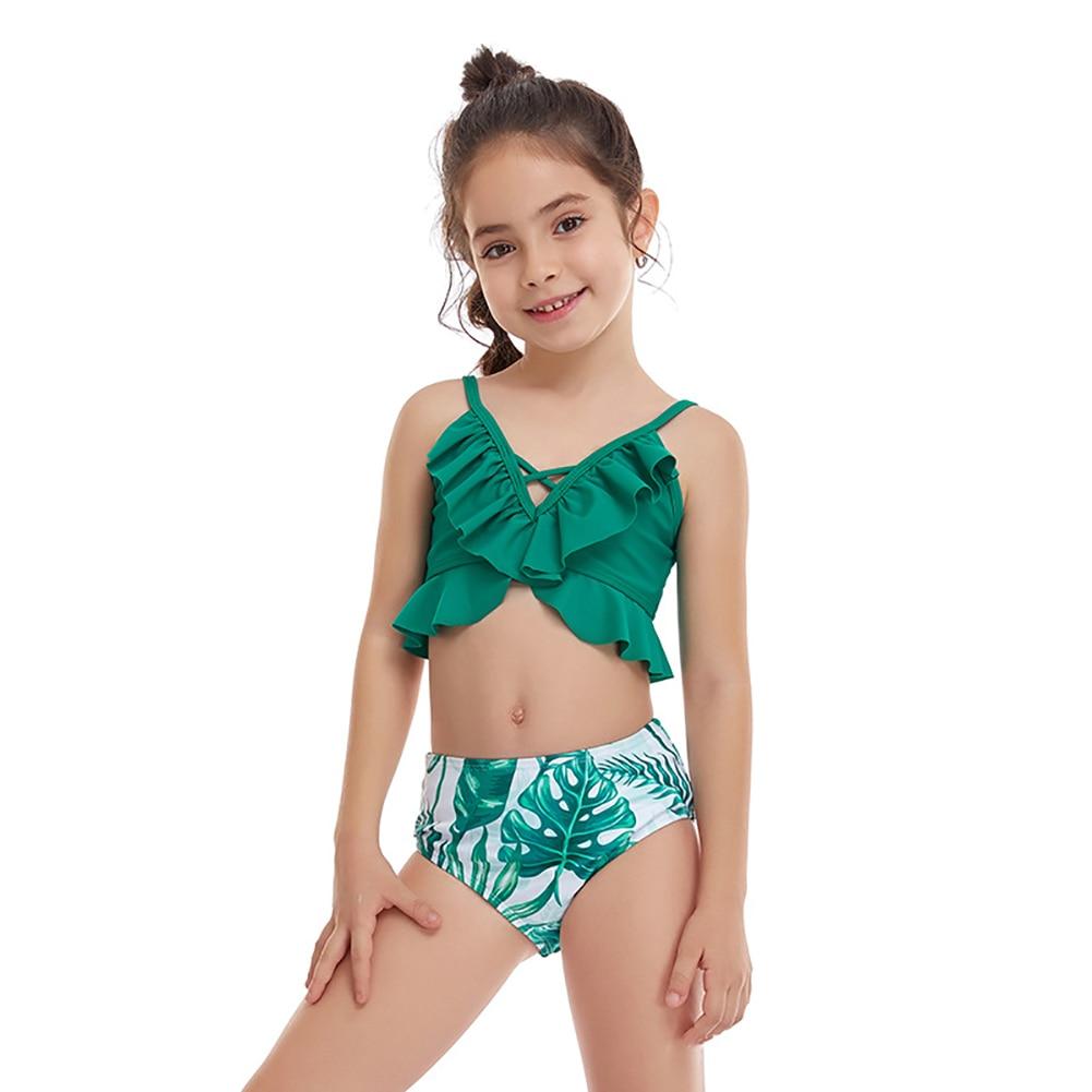 Toddler Girls Swimsuits Two-Pieces Bathing Suits Ruffled Crop Top And Floral Bottoms Quick Dry Swimwear Kids Sunsuit Tankini Suit 2-12T