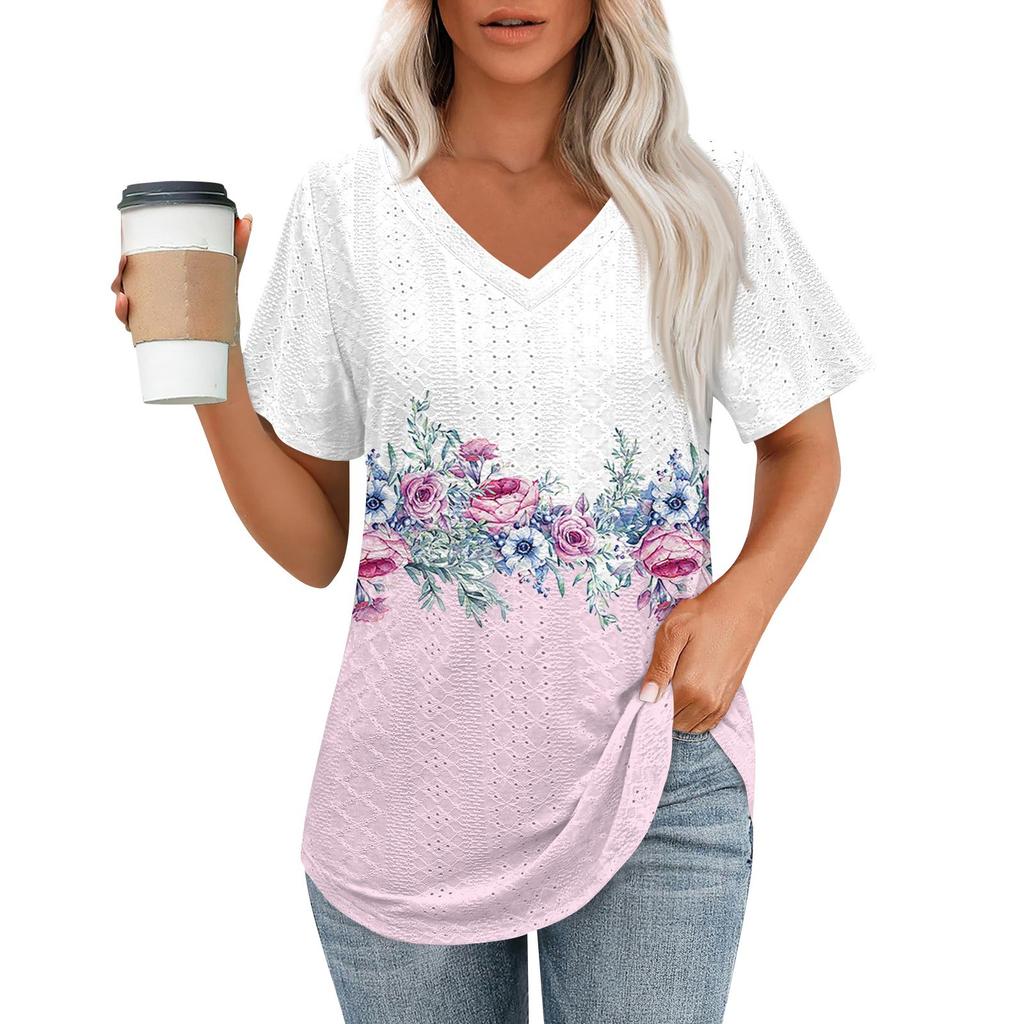 Womens T Shirts V Neck Short Sleeve Casual Tops Loose Fit Basic Tees With Curved Hem