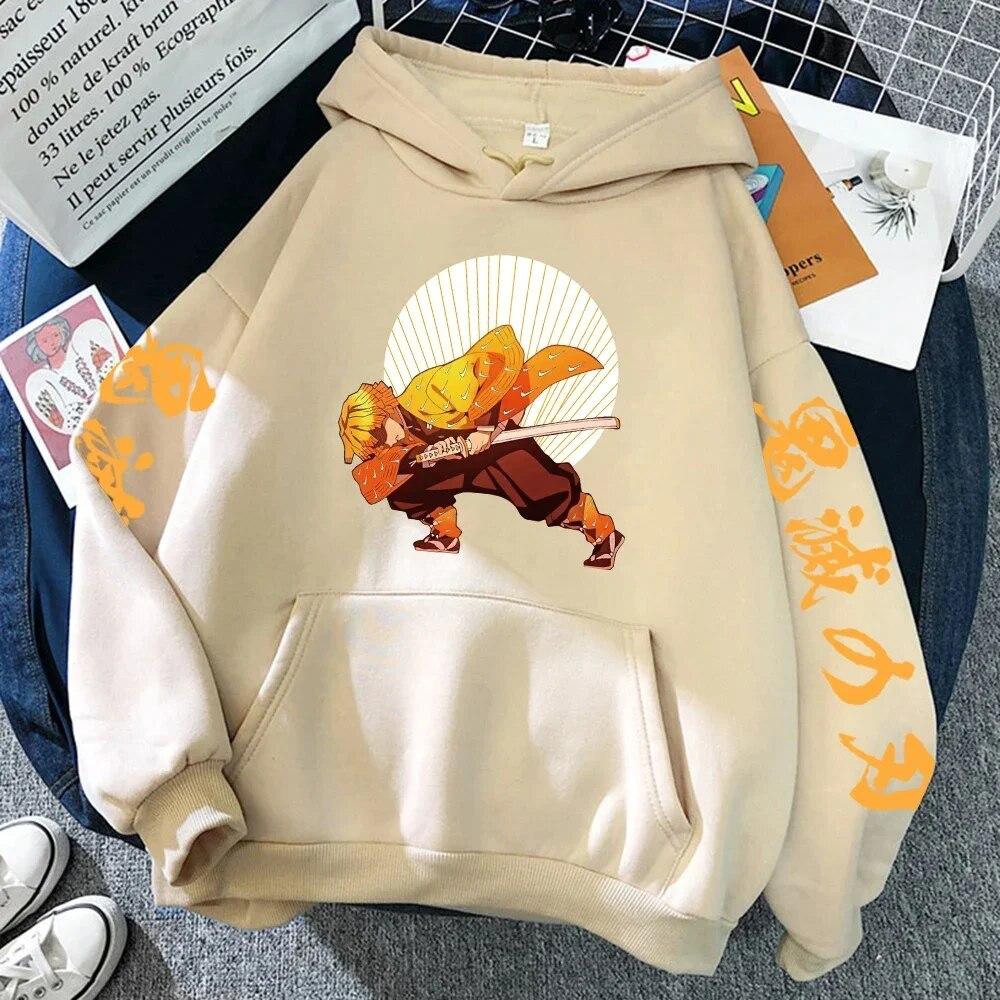 Толстовка с принтом Demon Slayer Agatsuma Zenitsu в стиле хип-хоп, свободная толстовка с капюшоном, повседневная флисовая толстовка в стиле Харадзюку, топы с круглым вырезом, толстовки