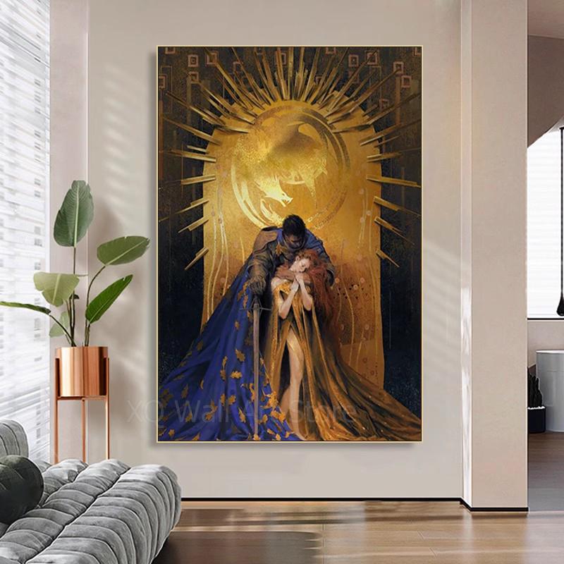 Винтажные золотые художественные постеры под дубом, рыцарь обнимает женщину, холст, живопись, ретро постеры и принты для влюбленных, HD изображение, декор