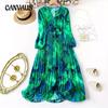 Spring and Autumn Women's Dress Plus Size Tie-Dye Pleated Waist Dress Long Sleeve V-Neck Dresses