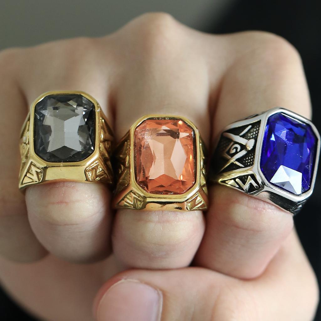 Men's Titanium Steel Ring Hip Hop Rock Red Large Gemstone Masonic Jewellery Accessories Gold Rapper Finger Ring