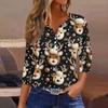 Women's Fashionable Casual Christmas Printed V-neck Three-quarter Sleeve Decorated Button Top