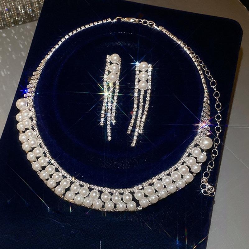 Серебряная Игла Алмазная Жемчужная Ожерелье Браслет Серьги Королевский Элегантный Характер Набор Украшений Легкая Роскошь Высококачественные Украшения