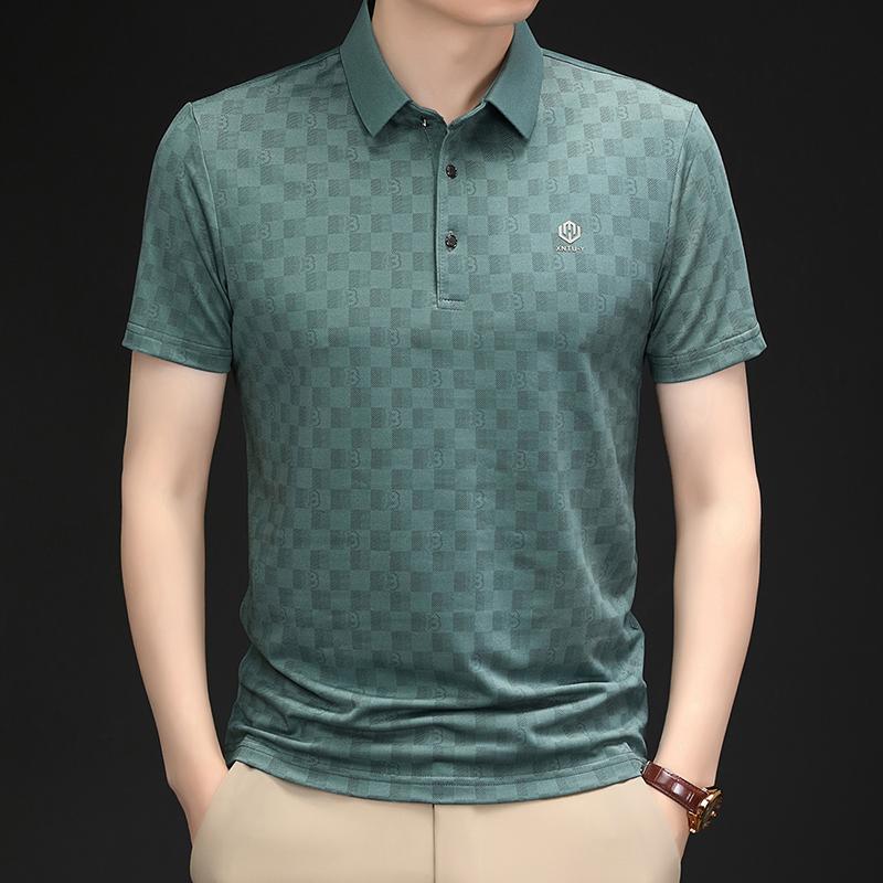Summer Men's Plaid Printed Polo Shirt High-End Brand Business Leisure Seamless Short Sleeved Cool Lapel T-shirt Men's Clothing